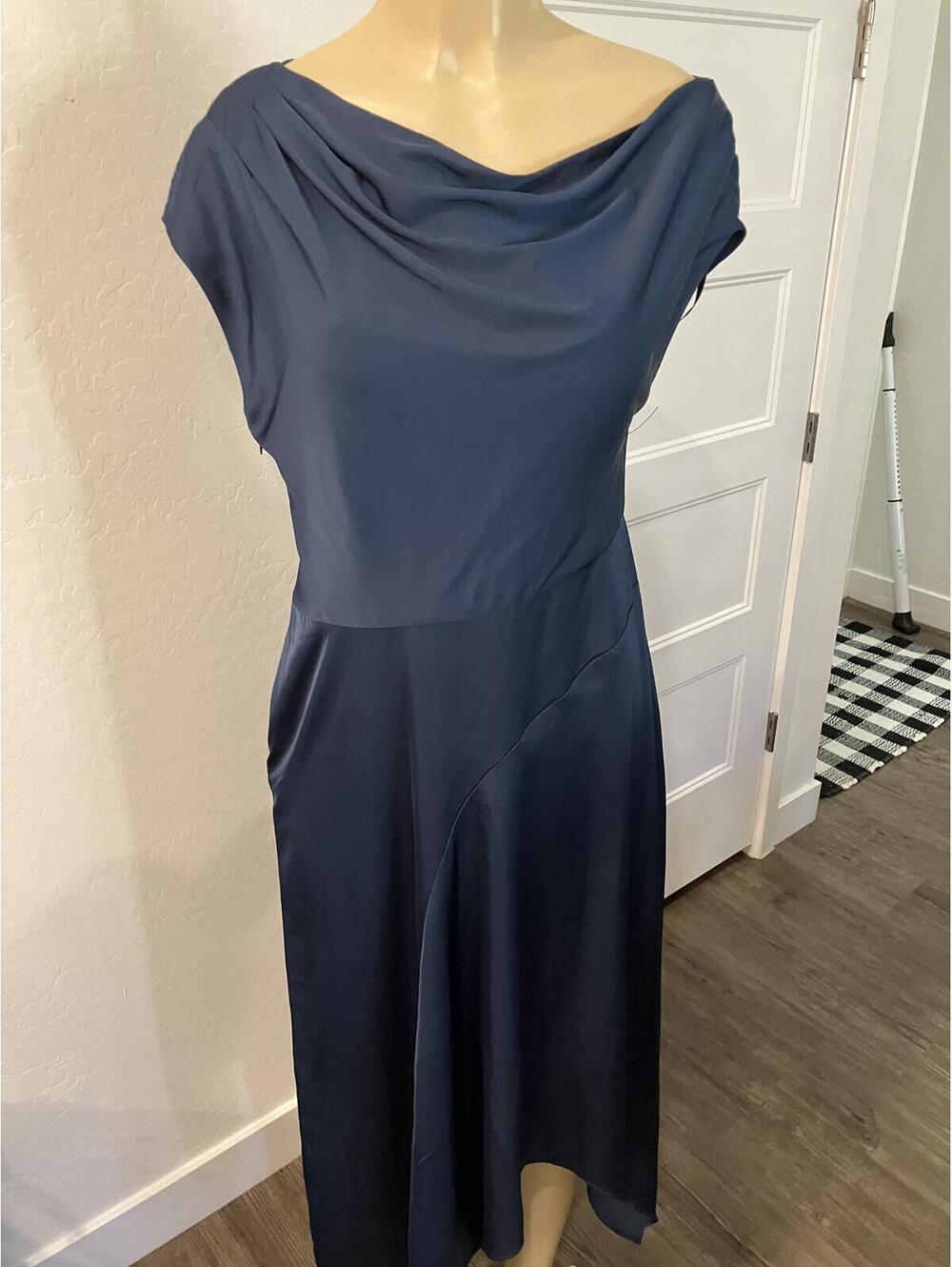 NWT Elegant Navy Blue Midi Dress with Draped Neckline